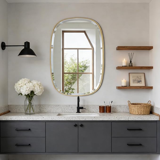 POZINO Bathroom Beveled Mirror, 24"x32" Brushed Gold Mirrors for Over Sink, Brass Rounded Rectangle Mirrors, Modern Vanity Wall Mirror in Premium Stainless Steel Frame, Horizontal or Vertical Hanging