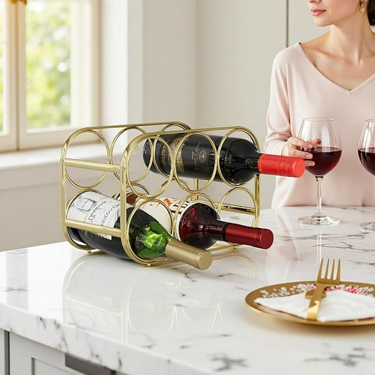 Buruis 6-Bottle Wine Rack, Modern Metal Countertop Wine Holder Stand for Kitchen, Pantry & Cabinet Storage, No Assembly Required, Gold