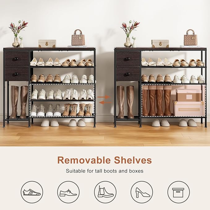 5-Tier Shoe Rack with 2 Fabric Drawers, Metal Frame and Wooden Board Shoe Organizer for 16-20 Pairs of Shoes, Shoe Shelf with Boots Storage for Entryway Closet Dark Brown