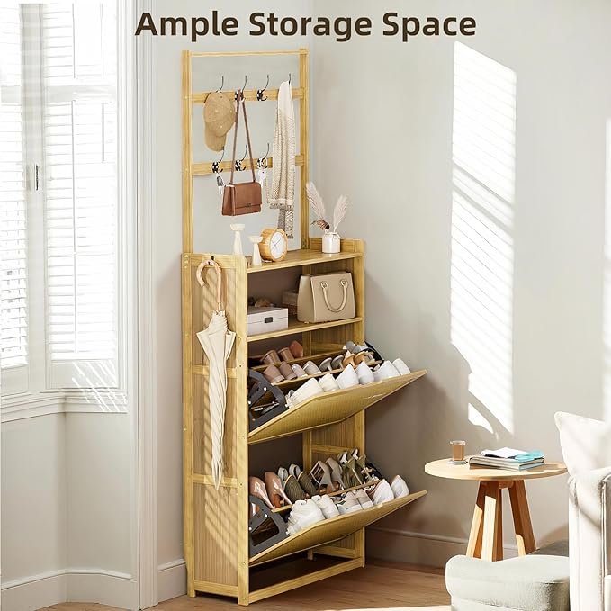 Shoe Cabinet with 2 Rattan Flip Drawers，Bamboo Shoe Storage Cabinet with Coat Hooks, Freestanding Shoe Cabinet Storage for Entryway,Hallway, Closet, Living Room,Natural