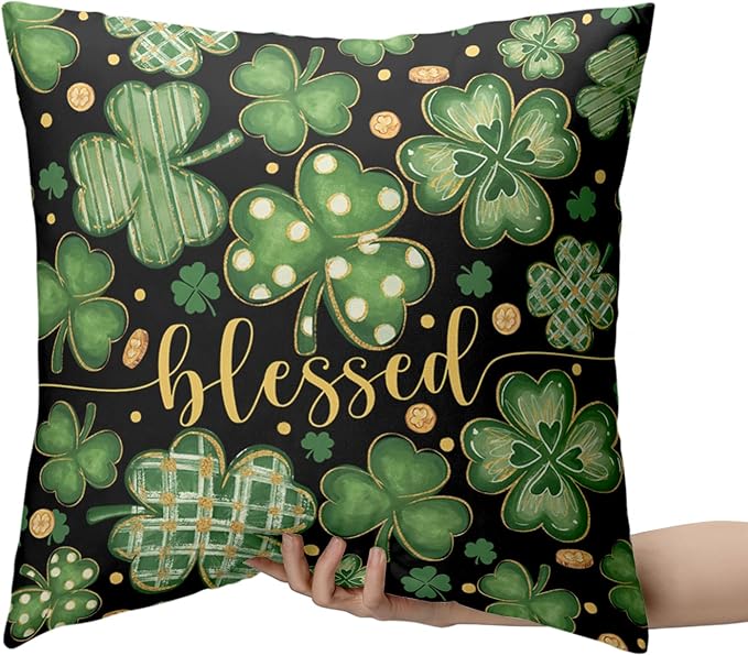 Set of 2 St. Patrick's Day Throw Pillow Covers Buffalo Plaid Dot Shamrock Pillow Covers 16x16 Lucky Blessed Pillow Cases for Spring March Holiday Saint Patricks Day Decor
