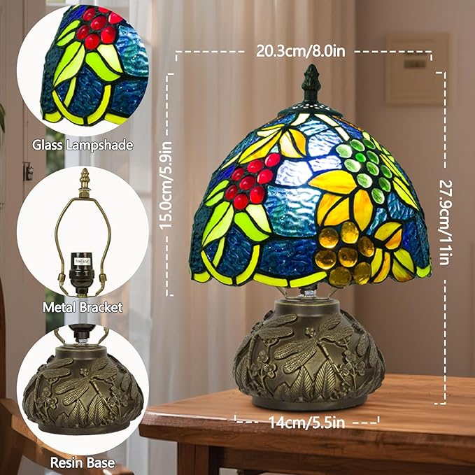 Small Tiffany Table Lamp,Stained Glass Lamp,8 Inch Mushroom Style Mini Vintage Desk Lights for Bedside, Bedroom,Nightstand,Living Room,3 Color Temperature (Yellow Leaf Grape)