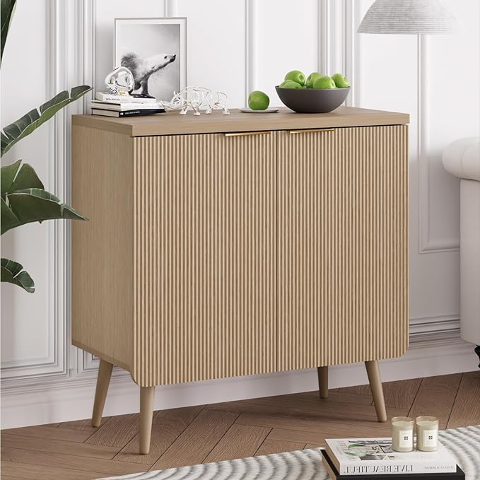 FONTOI Buffet Cabinet with Storage, Wood Fluted Multifunctional Storage Cabinet with 2 Doors, Sideboard Buffet Credenzas for Living Room, Entryway, Hallway, Natual Oak