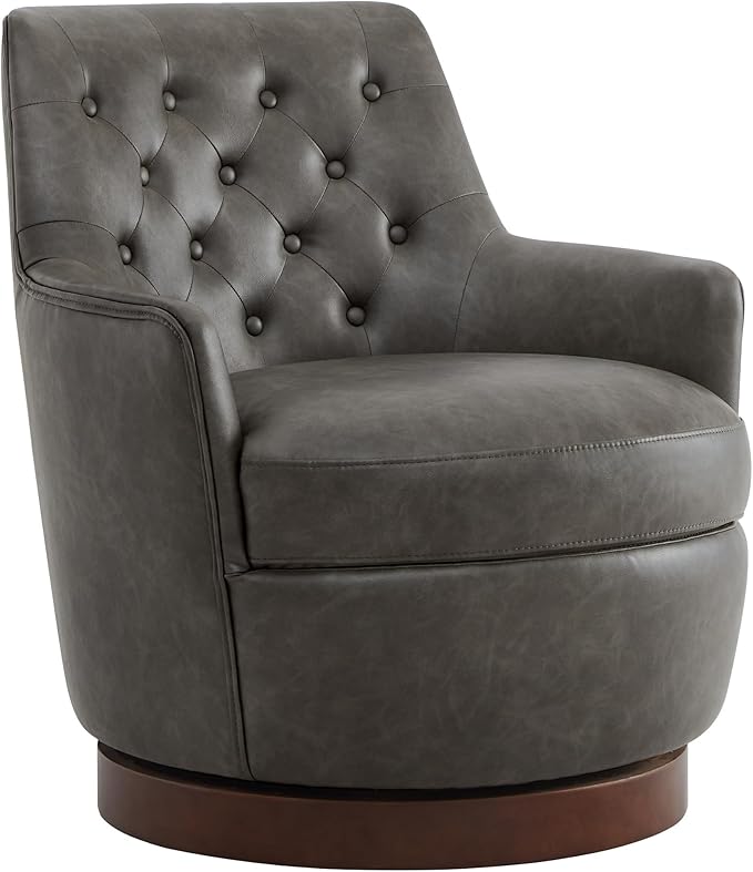 Watson & Whitely Swivel Barrel Accent Chair, Tufted Upholstered Arm Chair for Living Room and Bedroom, Faux Leather in Dark Grey