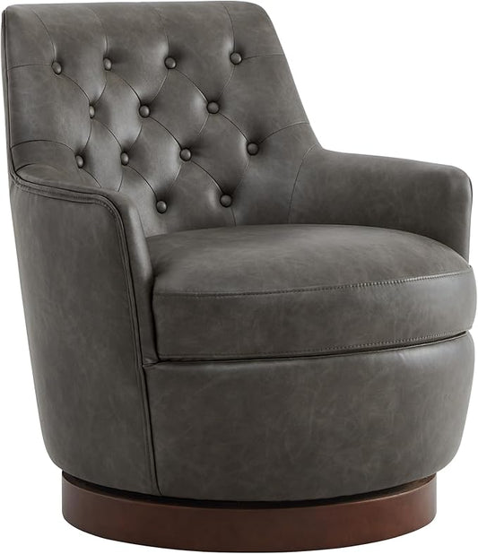 Watson & Whitely Swivel Barrel Accent Chair, Tufted Upholstered Arm Chair for Living Room and Bedroom, Faux Leather in Dark Grey