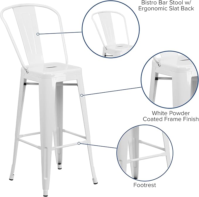 Flash Furniture Lily Commercial Grade 4 Pack 30" High White Metal Indoor-Outdoor Barstool with Removable Back