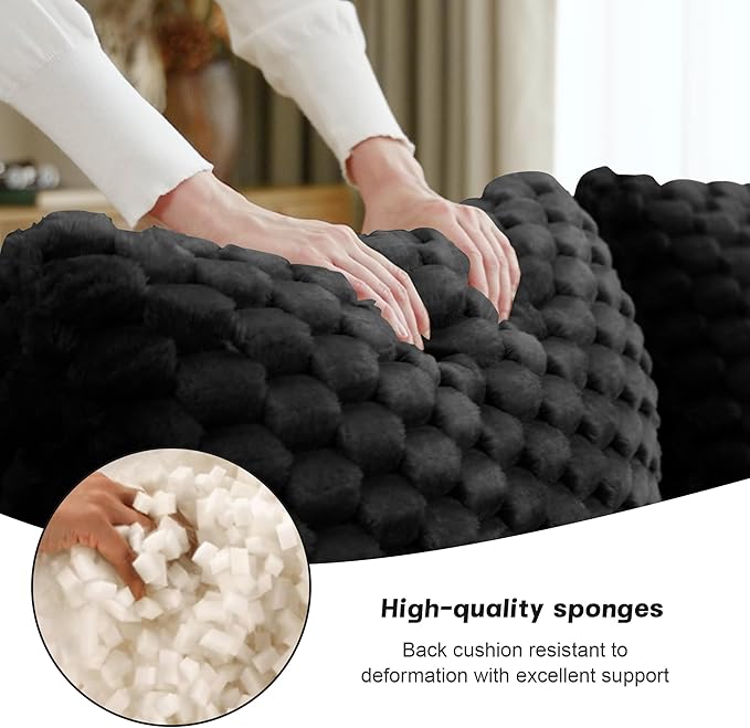 KEIKI 81.9" Loveseat Boneless Couches for Small Living Room, Space Saving Modular Sectional Velvet Sofa with Ottoman, Deep Seat Comfy Chaise Lounge Indoor for Apartment Furniture, Modern Decor, Black