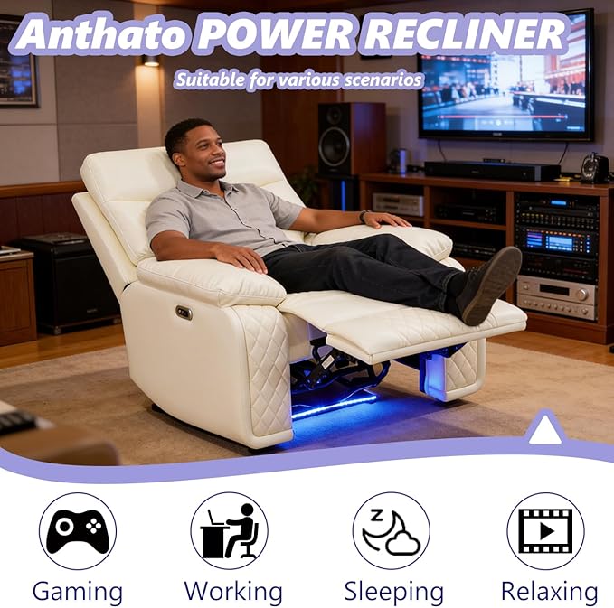 Power Reclining Sofa Set, 3PCS Living Room Set with Recliners, Recliner Loveseat & 2 Chairs with Cup Holders/Charging, Breathing Leather Reclining Couch for Home Theater/Office, Cream White
