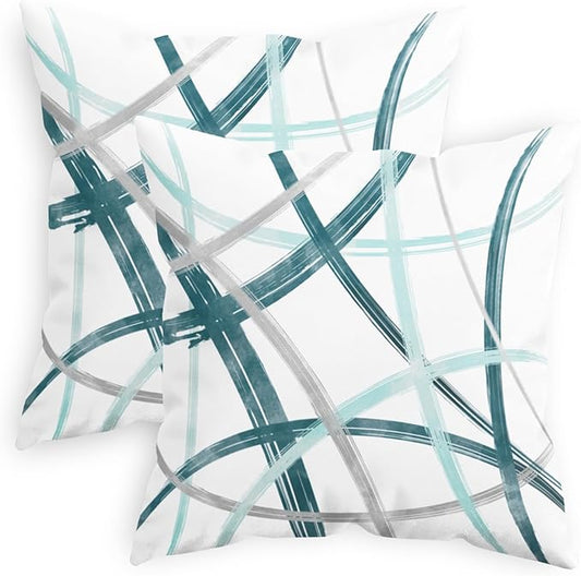 CaliTime Throw Pillow Cases Pack of 2 Cozy Fleece Arc-Shaped Abstract Geometric Lines Decorative Cushion Covers for Couch Bed Sofa Farmhouse Decoration 20 X 20 Inches Teal Turquoise Grey