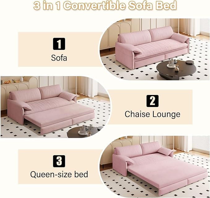 Ball & Cast 63.8" Convertible Sleeper Sofa,3-in-1 Queen Pull Out Couch with Side Pockets,Multi-Functional Velvet Loveseat Bed for Living Room,Bedroom,Apartment,Office,Pink