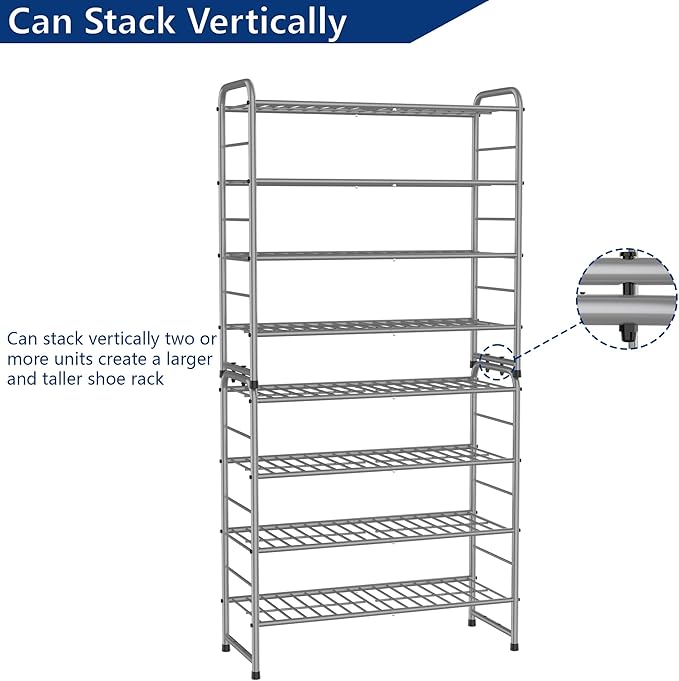 4-Tier Stackable Shoe Rack,Expandable & Adjustable Shoe Organizer Storage Shelf,High Capacity,Wire Grid,Silver