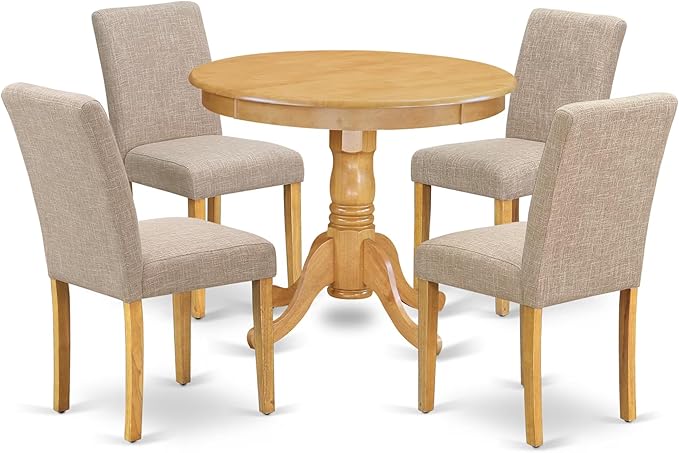 East West Furniture ANAB5-OAK-04 5 Piece Dining Table Set for 4 Includes a Round Kitchen Table with Pedestal and 4 Light Tan Linen Fabric Parson Dining Chairs, 36x36 Inch, Oak