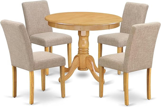 East West Furniture ANAB5-OAK-04 5 Piece Dining Table Set for 4 Includes a Round Kitchen Table with Pedestal and 4 Light Tan Linen Fabric Parson Dining Chairs, 36x36 Inch, Oak