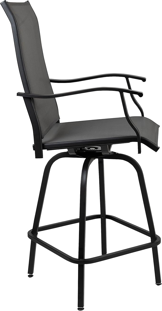 Flash Furniture Valerie All-Weather Swivel Patio Barstools with Footrest and Armrests, Modern Sling Outdoor Bar Height Stools, Set of 2, Gray