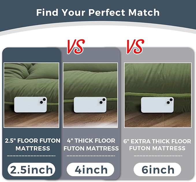 MAXYOYO 6" Extra Thick Japanese Floor Mattress Futon Mattress, Foldable Tatami Pad for Adults, Roll Up Floor Bed for Guest Room Bedroom RV, Green, Queen