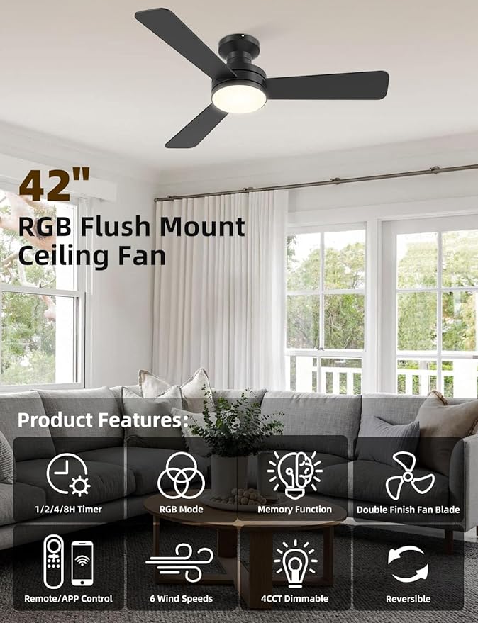42" RGB Ceiling Fan with Light, Music Sync Smart Fan with Alexa/Google/App Control, Low Profile Flush Mount, 6-Speed Quiet DC Motor, 4 CCT Dimmable Lighting for Bedroom Living Room, Black