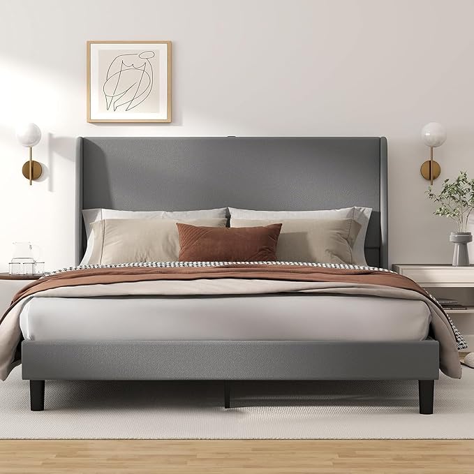 GTPLAYER King Size Bed Frame, Upholstered Platform Bed Frame with USB Type-C Tall Headboard Wingback, Soft Velvet Fabric, No Box Spring Needed, Easy Assembly, Grey