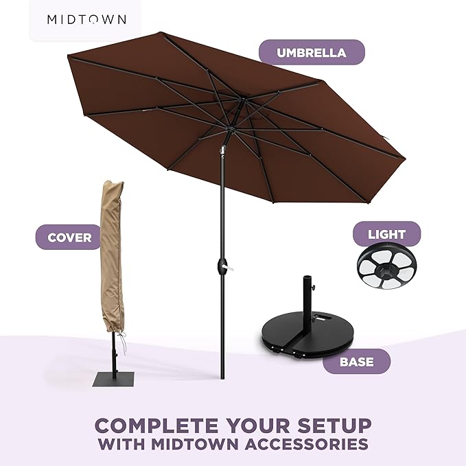 Midtown Umbrellas – The Lean 9 Ft Patio Umbrella with 10-Year-No-Fade Acrylast Acrylic Fabric, Auto-Tilt and 8 Reinforced Ribs for Deck, Pool, Garden, Hotel & Cafes – Cedar Wood Canopy, Black Pole