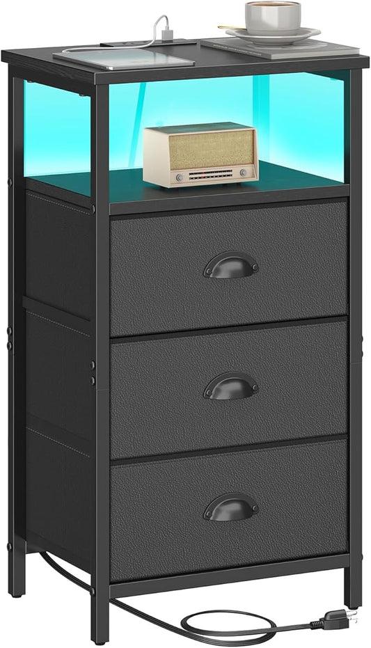 Nightstand with Charging Station,LED Black Nightstand with 3 Fabric Drawers PU Finish, Bedside End Tables, 2-Tier Open Storage Shelf Side Table Nightstand with Drawers for Bedroom,Black