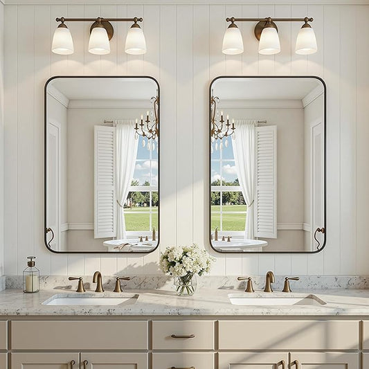 2-Pack Bathroom Mirrors for Over Sink 24" x 36", Black Metal Frame Rounded Corner Rectangle Wall Mirror, Modern Farmhouse Vanity Mirror(Horizontal/Vertical)