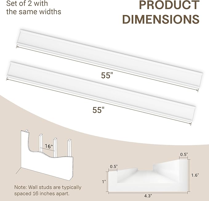 Fun Memories Picture Ledge Shelves Set of 2-55 Inch Shelves with Lip - Large Nursery Bookshelf for Storage - Floating Shelf Wall Mounted for Living Room - Bedroom -Kitchen - White Color
