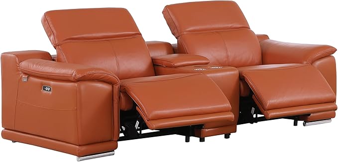 BlackJack Furniture Venice Top Grain Italian Leather Recliner 7 Seater 5 Power Reclining 3 Piece Sofa Set with Adjustable Headrests Modern Seating Sofa, Loveseat and Chair for Living Room , Camel