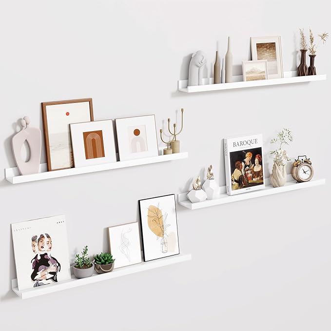 Fun Memories Picture Ledge Shelf - 30 Inches Floating Shelves Set of 4 - Floating Shelves with Lip for Storage - Wood Bookshelf Wall Mounted for Bedroom - Living Room - Kitchen - White Color