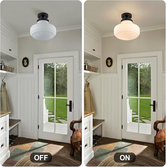 Milk Glass Ceiling Light Fixture 11" Schoolhouse Lights Fixtures Modern Black Semi Flush Mount Ceiling Light for Hallway Bedroom Bathroom Kitchen Foyer