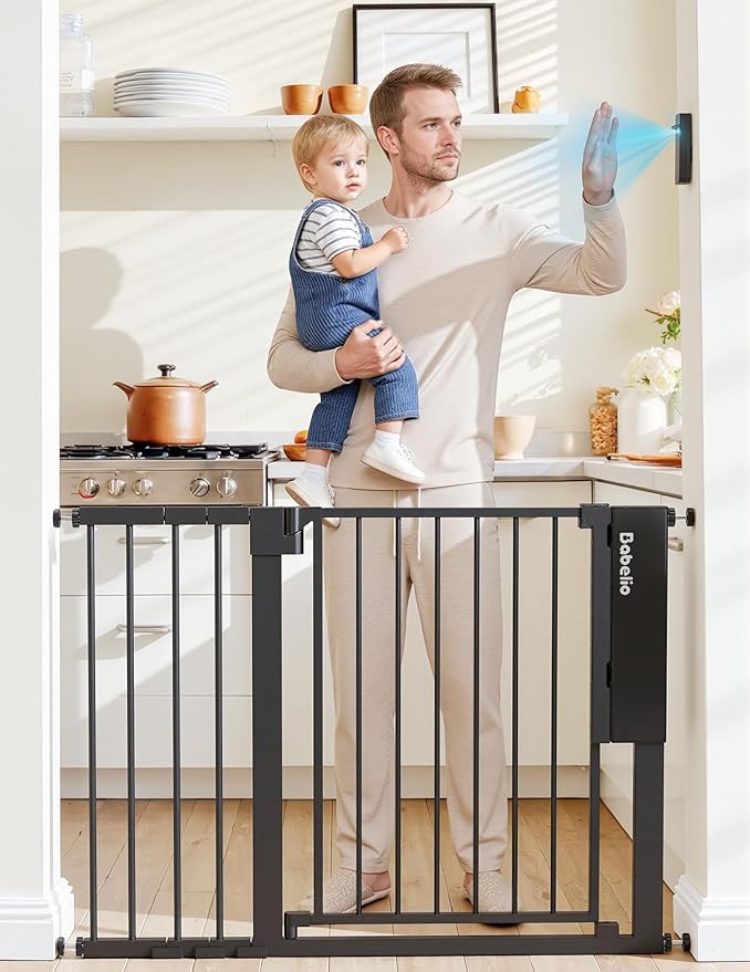 Babelio Smart Baby Gate with Auto-Unlock/Close, Pressure Mounted No Drill for Doorways/Top of Stairs. Pet/Dog Door Wide Walk Thru w/Infrared Sensor & Instant Safety Alert (Black, 30.3-47.2" W, 30" H)