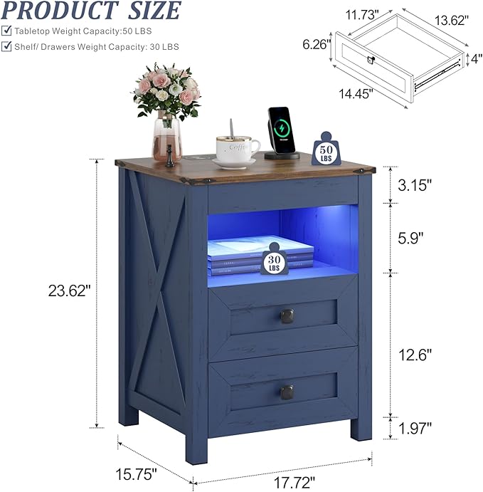Farmhous Nightstand with Gun Drawer,Bedside Table with Charging Station, Gun Night Stand with LED Light & Human Sensor,Smart End Table for Bedroom, Blue