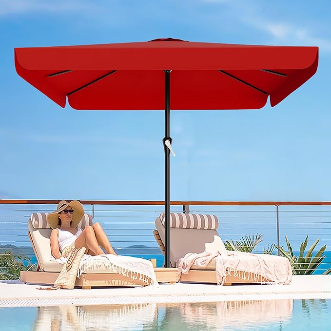 AreShark 8 X 10 FT Large Rectangular Patio Umbrella with Valance, Outdoor Table Market Umbrella w/Crank & 8 Ribs, Rectangle Outdoor Umbrellas for Garden, Deck, Yard and Poolside, Red