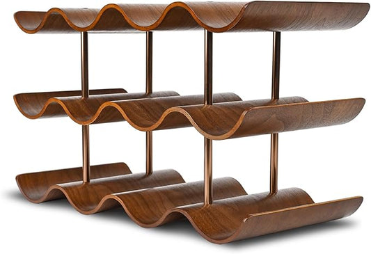 Countertop Wine Rack - 12 Bottle Freestanding Wine Bottle Holder Stand - 3 Tier Wooden Wine Storage Rack - Walnut Wavy Wine Organizer for Cabinet Pantry Home Kitchen Bar