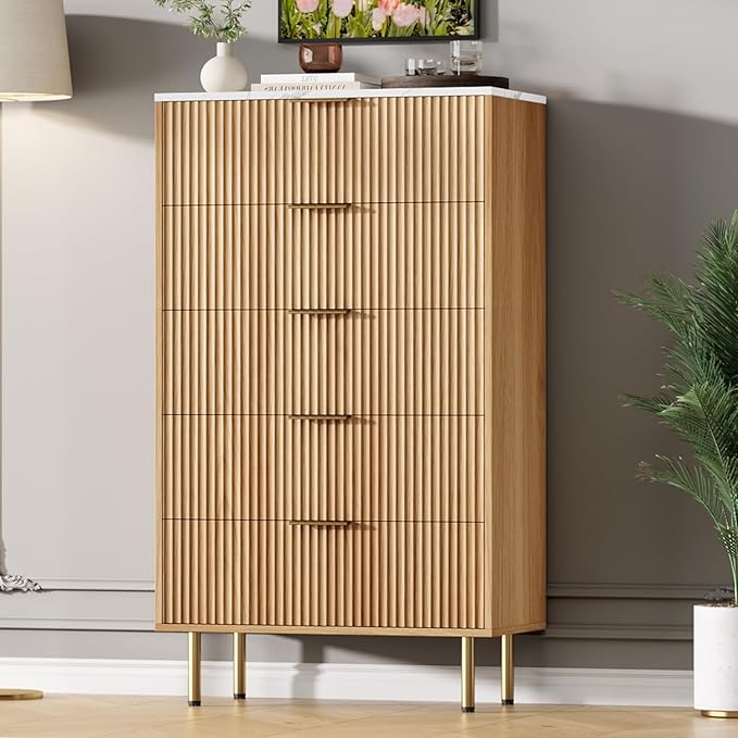 GAOMON 5 Drawer Dresser,Fluted Dresser for Bedroom,47.9" Tall Dressers Chest of Drawers,Wood Tall Dressers with Metal Handle for Closet, Living Room, Entryway