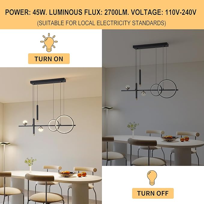 LED Modern Chandeliers for Dining Room, Dimmable Black Gold Chandelier Kitchen Pendant Lighting Over Island, Linear Ring Globe Pendant Light Fixtures Dining Room Lights Ceiling Hanging
