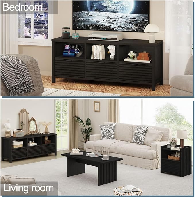 BON AUGURE Black TV Stand for 65 55 50 in TVs, Mid Century Modern Entertainment Center with Storage Drawers, Wood Television Media Console Cabinet for Living Room, Bedroom (Black Oak)