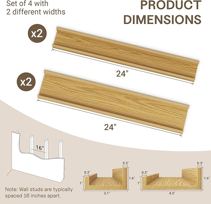 Fun Memories Picture Ledge Shelf - 30 Inches Floating Shelves Set of 4 - Floating Shelves with Lip for Storage - Wood Bookshelf Wall Mounted for Bedroom - Living Room - Kitchen - Oak Color