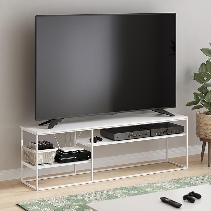 Furinno Moretti TV Stand, 3-Tier Metal Frame Modern Entertainment Center, Open Shelf TV Console for TV up to 70 Inch, for Living Room, Bedroom, Solid White