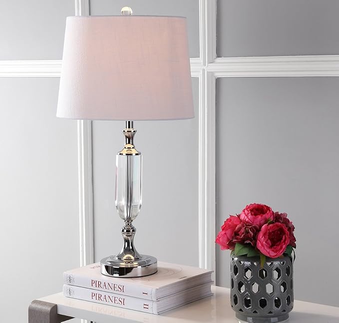 JONATHAN Y 27" Clear Fluted Crystal LED Table Lamp, Glam Traditional Chrome Bedside Lamp for Living Room Bedroom, White Linen Empire Shade, LED Bulb Included JYL2046A
