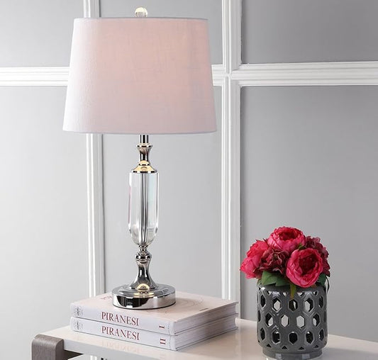 JONATHAN Y 27" Clear Fluted Crystal LED Table Lamp, Glam Traditional Chrome Bedside Lamp for Living Room Bedroom, White Linen Empire Shade, LED Bulb Included JYL2046A