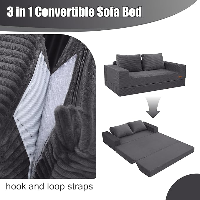 COMAX Futon Sofa Bed, 4‑in‑1 Convertible Sofa Bed, Boneless Couches for Living Room, Fold Out Small Foldable Loveseat Space‑Saving, Grey
