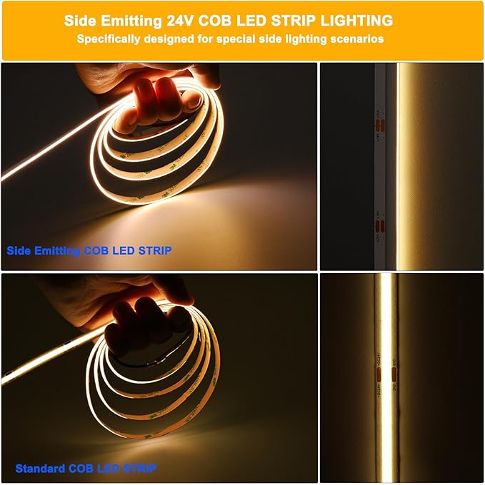 TOPAI Side Emitting 24V COB LED Strip Warm White 3000K 16.4ft Dotless 480LED/M High Density CRI>90 Self Adhesive Cuttable Flexible 8mm Width LED Tape for Home, Office DIY Lighting
