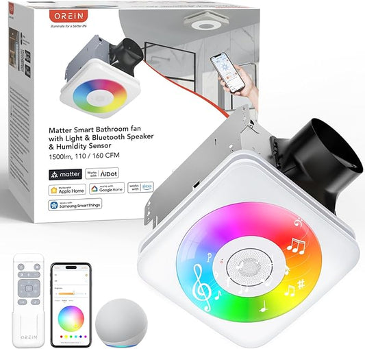 OREiN 4-in-1 Matter Smart Bathroom Exhaust Fan with Light, Bluetooth Speaker & Humidity Sensor, 110/160 CFM, 1500LM 2700K-6500K, Alexa/App/Remote Control, Required Ceiling Opening 11.39"x10.42"