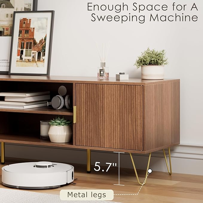 TV Stand for 55-65 Inch TV, Entertainment Center with Soft Hinge Door,TV Console Table with 2 Cabinets with Gold Handle and Feet,for Living Room, Bedroom, Walnut