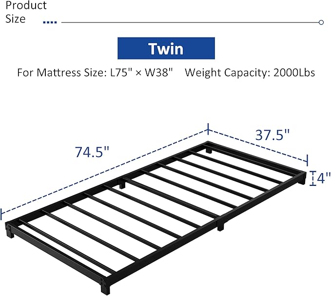 4 Inch Twin Bed Frames, Heavy Duty Metal Platform Low Bed Frame Twin, No Box Spring Needed, Noise Free, Easy Assembly, Black