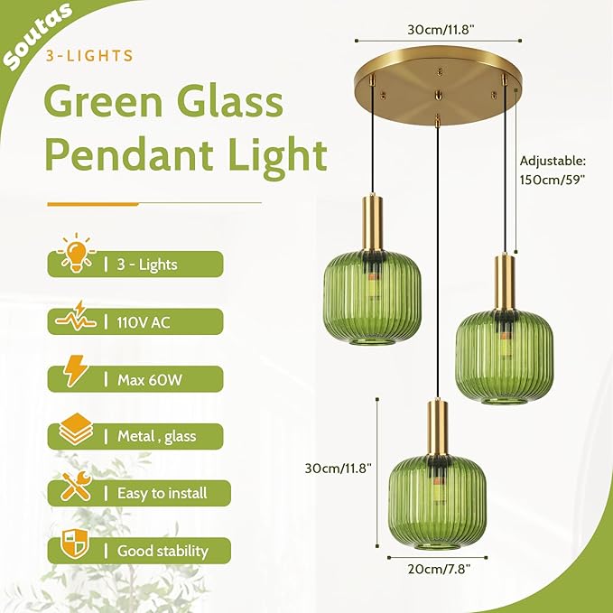 Stairwell Chandelier Green Glass Pendant Lights Kitchen Island Stripe Glass Shade Gold Dining Room Light Fixtures Mid Century 3-Light Cluster Long Chandelier for Farmhouse