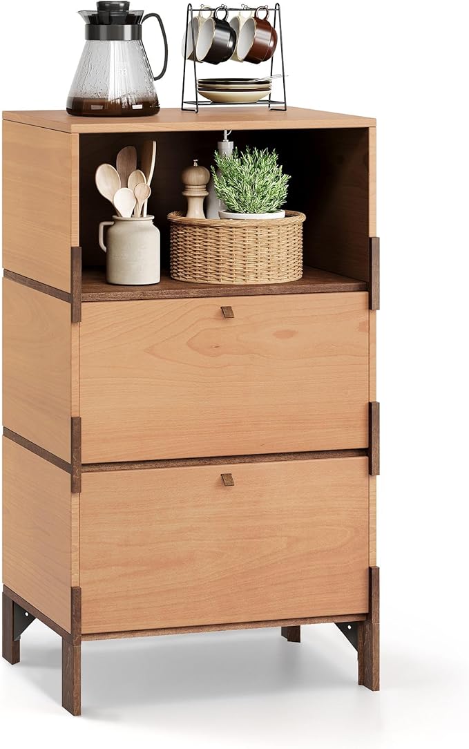 Sebastack Sideboard, Buffet Cabinet with 2 Drawers & Open Storage, Easy Assembly Coffee Bar Wood Buffet Table for Kitchen, Dining Room, Bathroom, Office, Hallway, Beech Color (1 pcs)