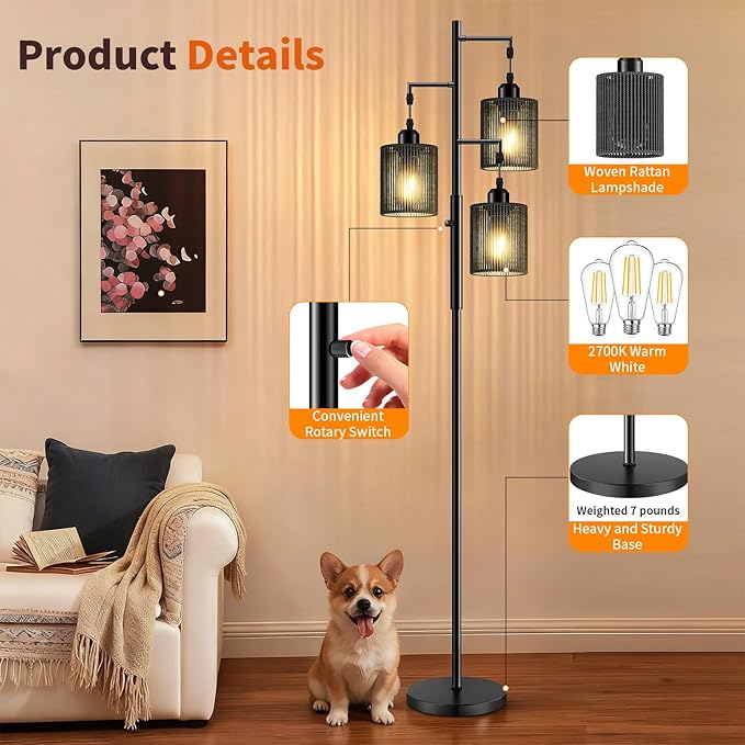 Hotsonic 72" Rattan Boho Floor Lamp, Tall Dimmable Standing Lamp with Handcrafted Black Shades, Industrial Tree Floor Lamps for Living Room, Bedroom, Study Room, Office (3 x 800LM LED Bulbs Included)