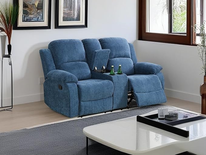 Microfiber Fabric Recliner Loveseat Couch Manual Reclining Couch Living Room Furniture 2 Seater Reclining Sofa with Cup Holders & Middle Storage Console for Home/Office/Rv Car (Blue, Loveseat)