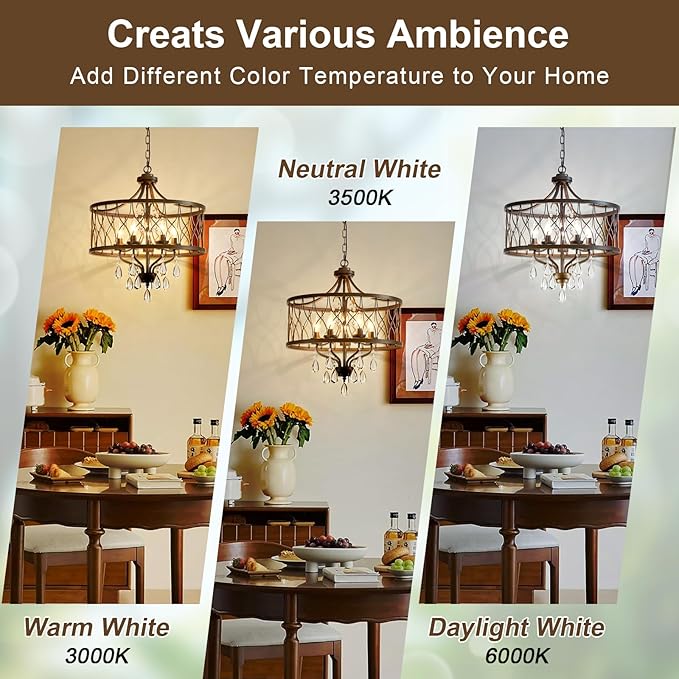 Modern Crystal Chandelier, 5-Light Farmhouse Bronze Chandelier for Dining Room Vintage Hanging Pendant Light Fixtures Round Chandelier for Kitchen Island Entryway Foyer Bedroom Office Bar