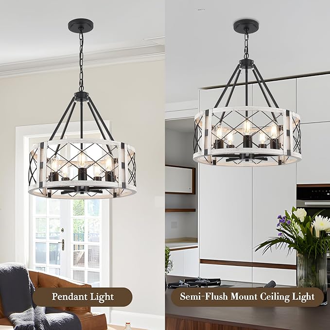 5-Light Farmhouse Chandelier 19.8" White Rustic Chandelier for Dining Room Adjustable Pendant Light Fixture for Kitchen Island Entryway Bedroom Hallway
